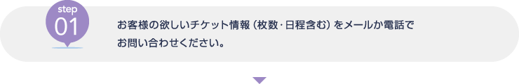 [step01] お客様の欲しいチケット情報（枚数・日程含む）をメールか電話でお問い合わせください。