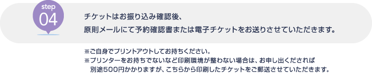 [step04] チケットはお振り込み確認後、原則メールにて予約確認書または電子チケットをお送りさせていただきます。